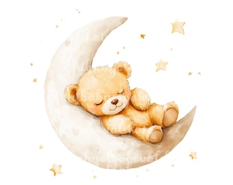 Clipart orsacchiotto, acquerello orso che dorme sulla luna PNG, baby shower, download digitale