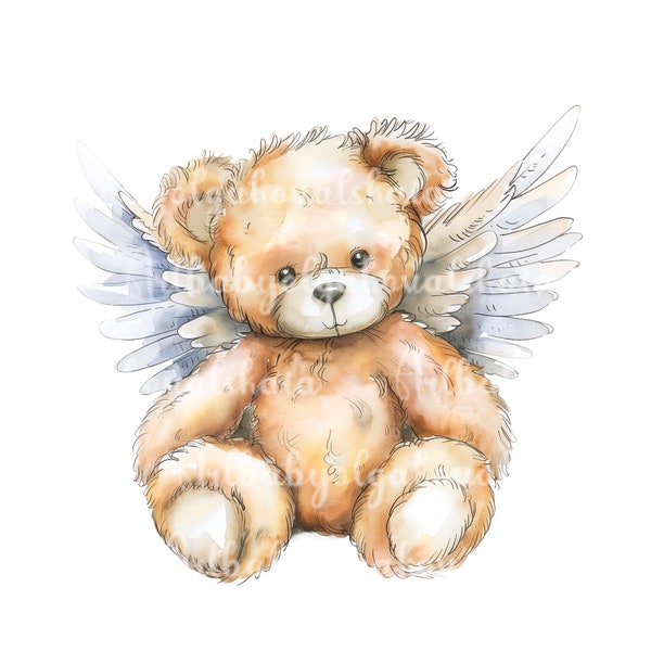 Teddy Bear Clip art, Watercolor Angel Bear PNG, Baby Shower, Digital Download