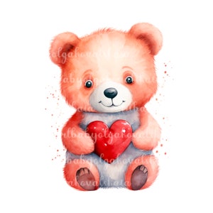 Teddy Bear PNG, Watercolor Cute Bear with Heart, Love, Valentines Day, DIGITAL DOWNLOAD