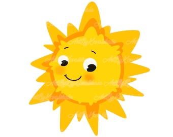 Op de afbeelding: Een cartoonzon met een glimlachend gezicht en roze wangen. De zon heeft een geel gezicht en oranje stralen.