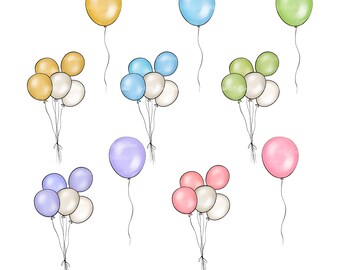 Clipart de balões de aquarela: gráficos PNG de aniversário (download digital)