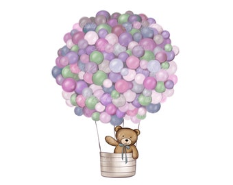 Teddy Bear Clipart, Air Balloon PNG, Baby Shower Clipart, Digital Download