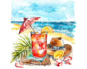 Summer Clipart PNG, Vacation Watercolor Clip Art, Beach, Digital Download