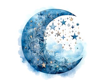 Watercolor Moon, Clouds Clipart, Stars PNG, Digital Download