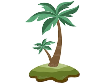 Op de afbeelding: Een cartoonillustratie van twee palmbomen op een klein groen eiland. De grotere palmboom heeft een bruine stam en groene bladeren. De kleinere palmboom staat achter de grotere palmboom en heeft een dunnere stam.