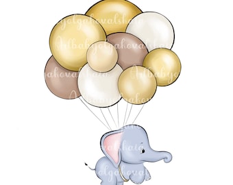 Elephant Clipart, Elephant, Yellow Balloons PNG, Baby Shower Clip art, Digital Download