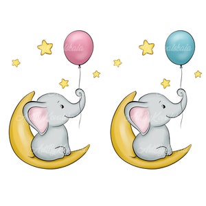 Elephant Clipart, Elephant on Moon, Balloon PNG, Baby Shower, Gender Reveal, Digital Download