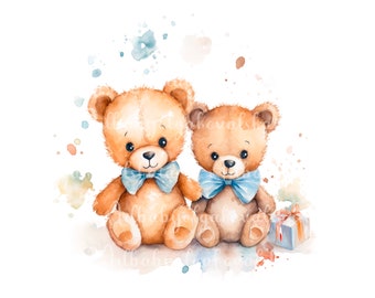 Watercolor Teddy Bear Clipart PNG, Baby Shower Boy Twins, Digital Download