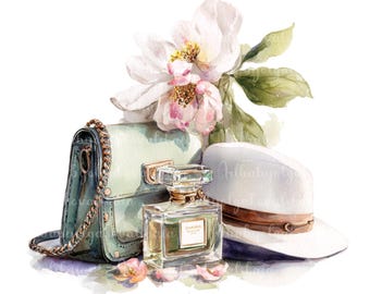 May include: Watercolor illustration of a fashion-themed still life. Features a light green handbag with a gold chain strap, a perfume bottle, and a white hat with a brown band. White and pink flowers and petals complete the composition.