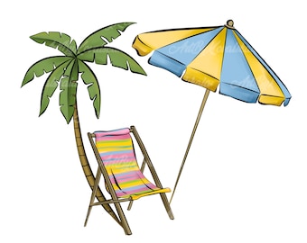 Summer Clipart PNG, Vacation Clip Art, Palm Tree, Beach, Digital Download