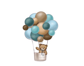 Teddy Bear Clipart, Air Balloon PNG, Baby Shower Boy, Digital Download