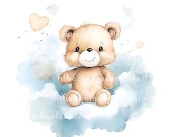 Watercolor Teddy Bear Clipart: Baby Shower PNG (Digital Download)