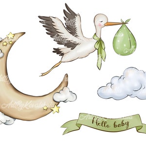 Stork Clipart: Baby Shower PNG Graphics (Digital Download)