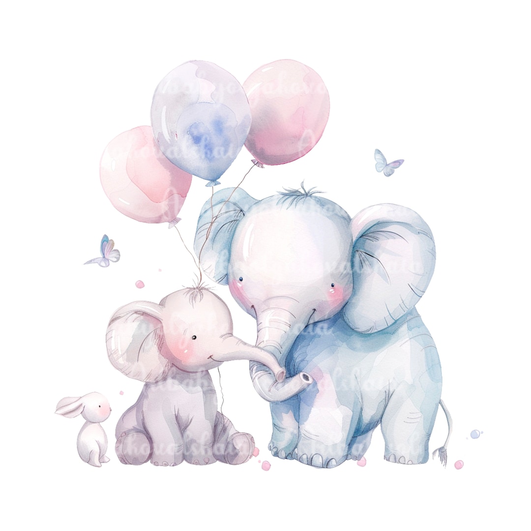 Watercolor Elephant Clipart: Balloons PNG, Baby Shower (digital ...