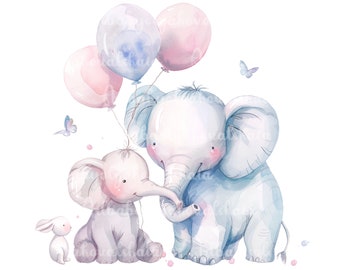 Akwarelowy słoń, clipart: Balony PNG, Baby Shower (pobieranie cyfrowe)