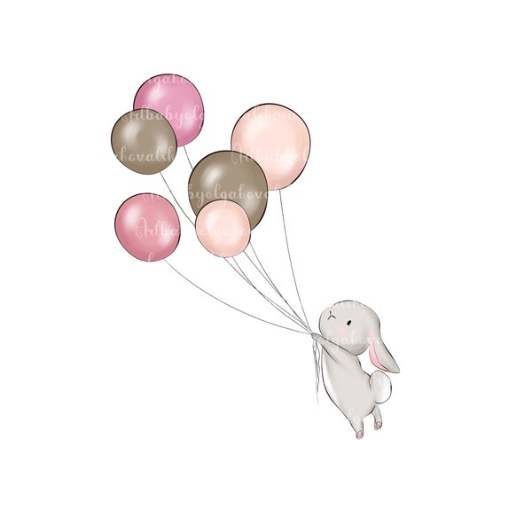 Bunny Clipart, Bunny PNG, Bunny with Balloons, Digital Download