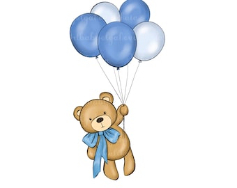Teddy Bear Clipart PNG, Blue Balloons, Baby Shower Boy, Digital Download