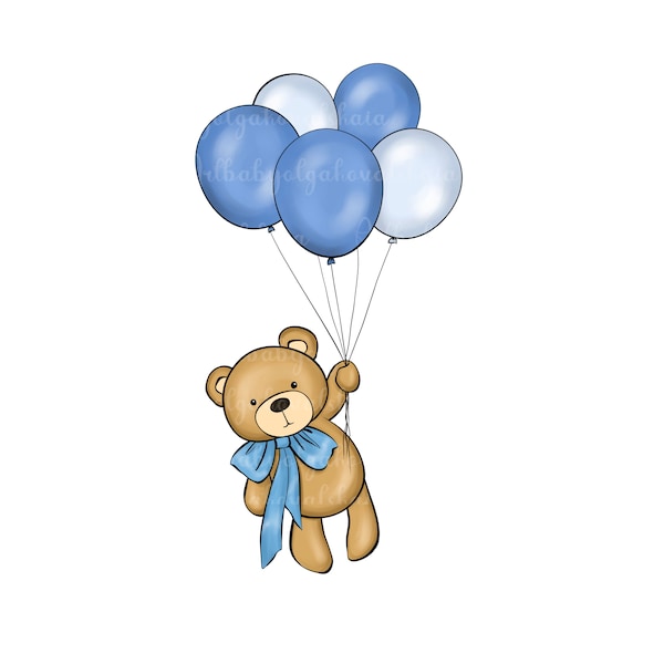 Teddy Bear Clipart PNG, Blue Balloons, Baby Shower Boy, Digital Download