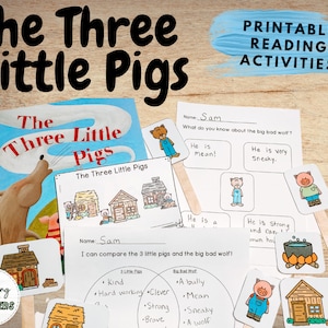 May include: Printable reading activities for The Three Little Pigs story. The activities include a worksheet with a Venn diagram to compare the three little pigs and the big bad wolf, a worksheet with questions about the big bad wolf, and a set of cards with images of the characters and their houses.
