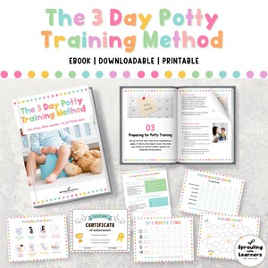 Könnte beinhalten: Eine Sammlung druckbarer Hilfsmittel für das Töpfchentraining. Das Hauptbuch trägt den Titel "The 3 Day Potty Training Method". Enthält einen Toilettenroutinenplan, Belohnungstabellen und ein Zertifikat. Mehrfarbiger Text.
