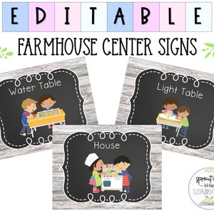 Classroom Center Signs | Preschool Centers | Printable & Editable | Blank Template | Farmhouse Rustic Theme