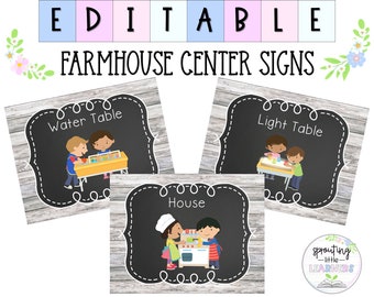 Classroom Center Signs | Preschool Centers | Printable & Editable | Blank Template | Farmhouse Rustic Theme