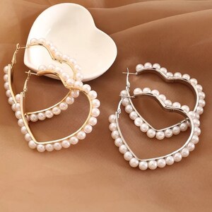 Big Heart Pearl Hoop Earrings, Hoop Earrings, Valentine’s Day Gift, Gift For Her, Vintage Jewelry, Small Hoop Earrings