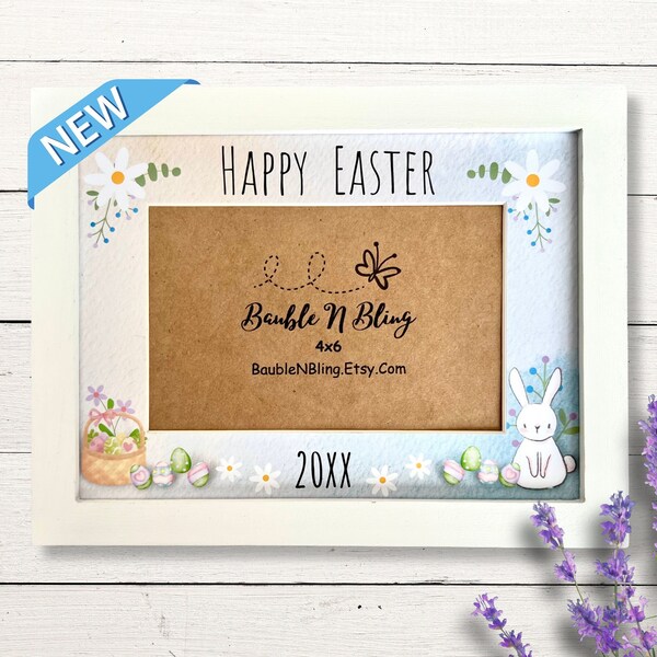 Easter 2024 Picture Frame, Happy Easter Family Photo Frame, Personalize Easter Decor, Easter Gift, Bunny Rabbit Daisies and Easter Eggs