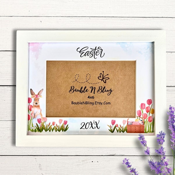 2024 Easter Picture Frame, Personalized Family 4x6 Easter Photo Frame, Easter Rabbit with Tulips and Basket, Easter Decor, Easter Gift
