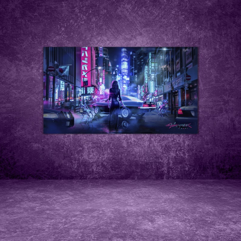 May include: A woman in a black outfit walks down a neon-lit city street at night. The street is lined with buildings and cars. The woman is walking towards a car in the distance. The image has a cyberpunk aesthetic.