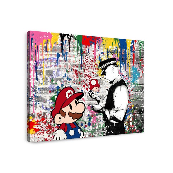 Banksy Canvas Print, Mario Wall Art, Graffiti Art, Ready to Hang, Banksy Art, Mario and Cop, Magic Mushroom, Kids Room Decor