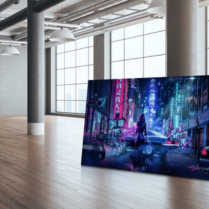 May include: A cyberpunk-themed canvas print depicting a woman in a black outfit standing in front of a futuristic cityscape with neon lights and a car. The text "Cyberpunk 2077" is visible in the bottom right corner.