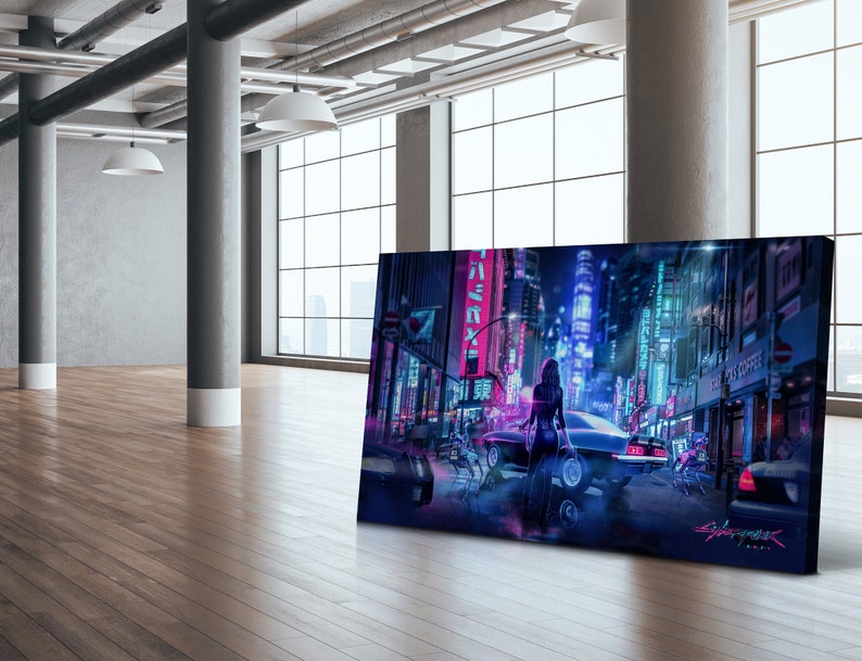 May include: A cyberpunk-themed canvas print depicting a woman in a black outfit standing in front of a futuristic cityscape with neon lights and a car. The text "Cyberpunk 2077" is visible in the bottom right corner.