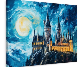 Wizard Castle, Castle Canvas Print, Moon Scene, Van Gogh Style Wall Art, Gallery Wrapped Wall Decor, Wizard Castle Art, Home Decor