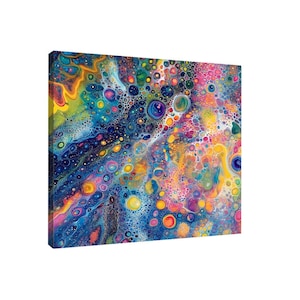 Peut inclure: Peinture abstraite avec un fond bleu et des cercles et des tourbillons colorés. La peinture est réalisée dans un style d'art fluide.