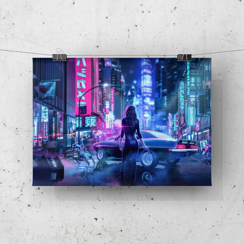 May include: A woman wearing a black leather jacket and jeans stands in front of a black car on a neon-lit city street. The car has a number plate that reads "600Y".