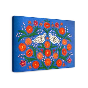 Ukrainian Art, Pigeon and Dove, Canvas Print, Maria Primachenko Art, Folk Art, Naïve Art (Primitivism), Support Ukraine