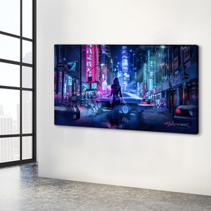 May include: A woman walks down a neon-lit city street at night. The street is lined with tall buildings and there are cars parked on either side of the road. The woman is wearing a black leather jacket and jeans. The scene is reminiscent of a cyberpunk film.