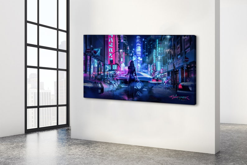 May include: A woman walks down a neon-lit city street at night. The street is lined with tall buildings and there are cars parked on either side of the road. The woman is wearing a black leather jacket and jeans. The scene is reminiscent of a cyberpunk film.