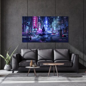 May include: A digital art print depicting a woman walking along a neon-lit city street at night. The woman is wearing a black jacket and jeans. The street is lined with tall buildings and cars are driving past. The print has a cyberpunk aesthetic.