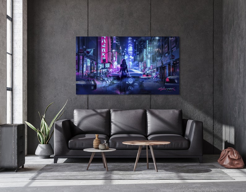 May include: A digital art print depicting a woman walking along a neon-lit city street at night. The woman is wearing a black jacket and jeans. The street is lined with tall buildings and cars are driving past. The print has a cyberpunk aesthetic.