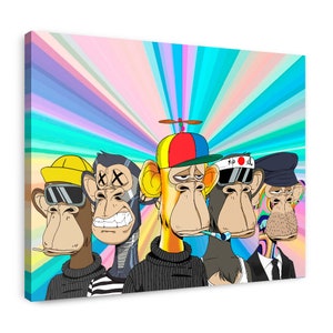 May include: Five cartoon monkeys with different expressions and accessories. The monkeys are wearing hats, sunglasses, and a propeller. The background is a colorful rainbow pattern.