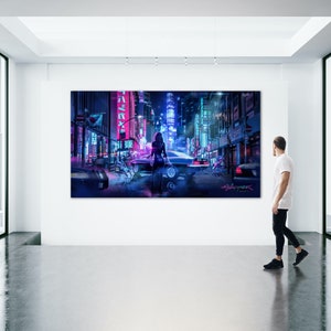 May include: A digital art print depicting a woman walking down a neon-lit city street at night. The woman is wearing a black dress and has long, dark hair. The street is lined with tall buildings and there are cars driving by. The print has a cyberpunk aesthetic.