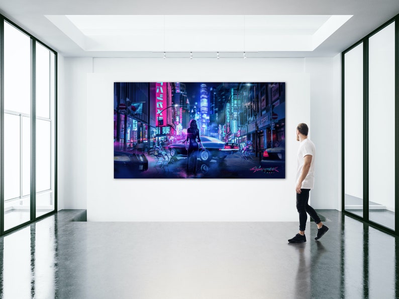 May include: A digital art print depicting a woman walking down a neon-lit city street at night. The woman is wearing a black dress and has long, dark hair. The street is lined with tall buildings and there are cars driving by. The print has a cyberpunk aesthetic.