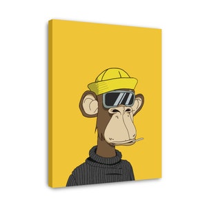 May include: A cartoon illustration of a monkey wearing a yellow hat and sunglasses. The monkey is wearing a black sweater and has a yellow cigarette hanging from its mouth. The background is yellow.