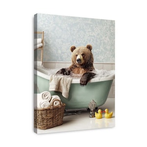 Bear in a Vintage Bathtub, Bear in Tub, Rustic Bath Style, Bathroom Wall Art, Animal Art Home Decor, Ready to Hang