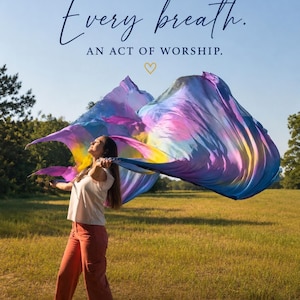 May include: A pair of large, flowing worship flags in vibrant shades of purple, blue, and yellow. The text reads: EVERY MOVEMENT. Every breath. AN ACT OF WORSHIP. and YOU PREPARE A TABLE BEFORE ME IN THE PRESENCE OF MY ENEMIES. YOU ANOINT MY HEAD WITH OIL; MY CUP OVERFLOWS. PSALM 23:5.