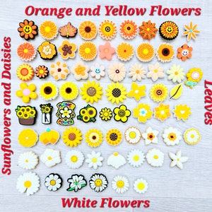 Yellow Orange Flower Jibbitz Croc Charms Accessories Clogs Shoe Funky Cute Sunflower Leaf Leaves Gardening Heart Daisy Daisies White Lotus
