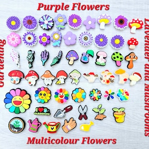 Purple Flowers Red Pink Mushroom Jibbitz Shoe Charm Plant Flower Cute Kawaii Frog Strawberry Pink Green Spotted Lavender Multicolour Leaf