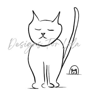 猫とネズミのミニマリストな白黒線画のデジタルダウンロード
